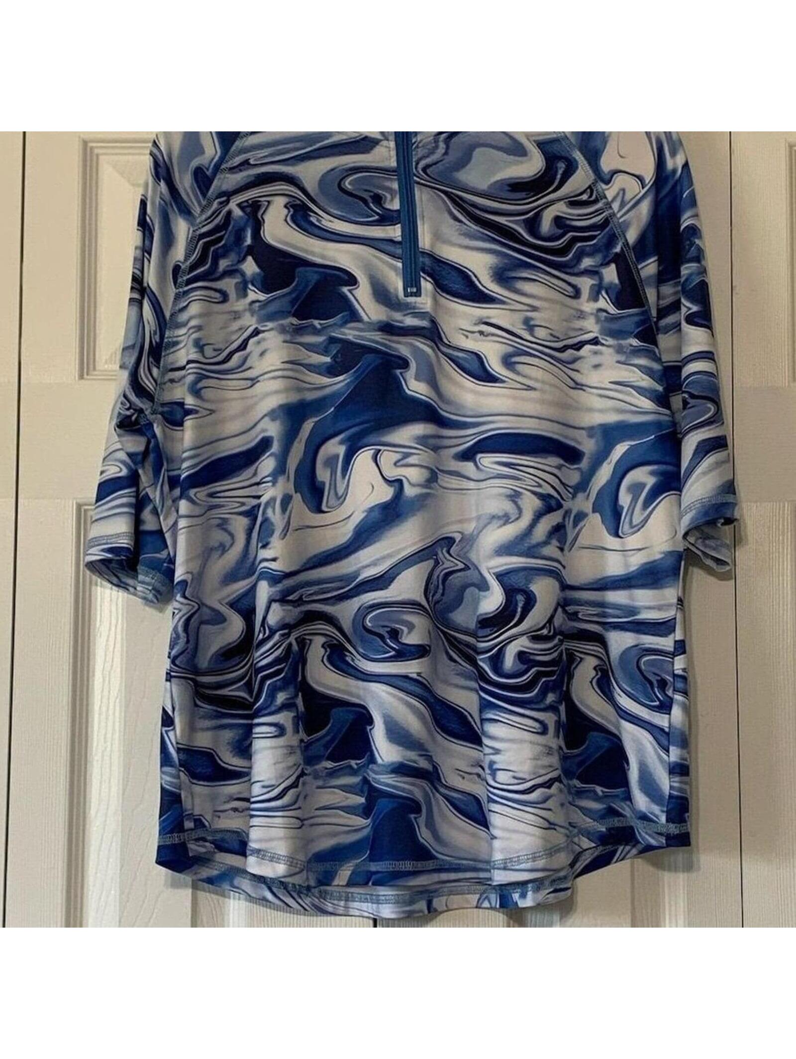 Women's Blue Geometric Half-Zip Tunic Top 3/4 Sleeve Casual 2xl